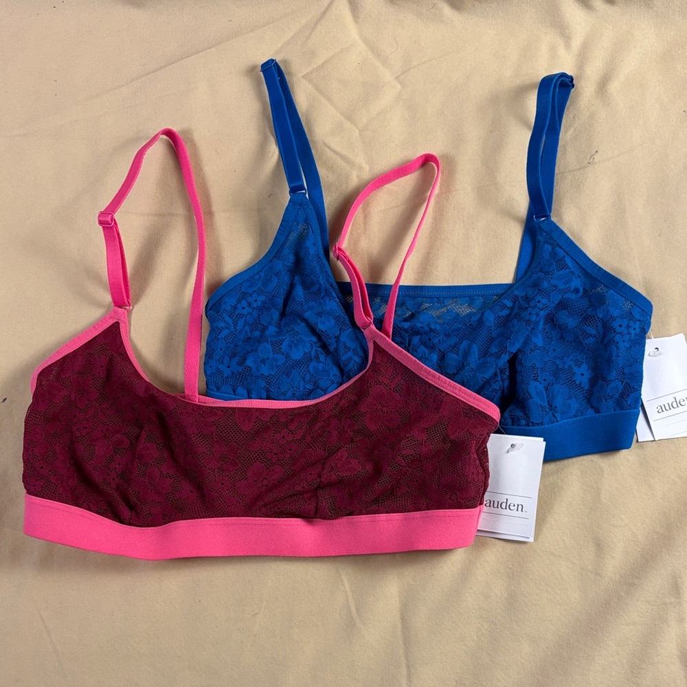NWT Auden Lace Bralette 2-Pack Set - Cherry Pink and‎ Blue Wireless Mesh - Small